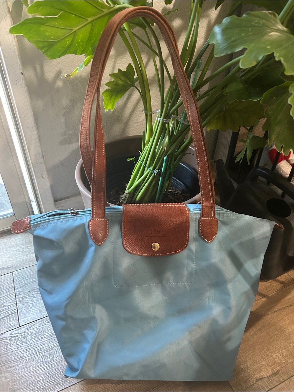 Longchamp Les Pliage Nylon Light Blue Shopping Tote